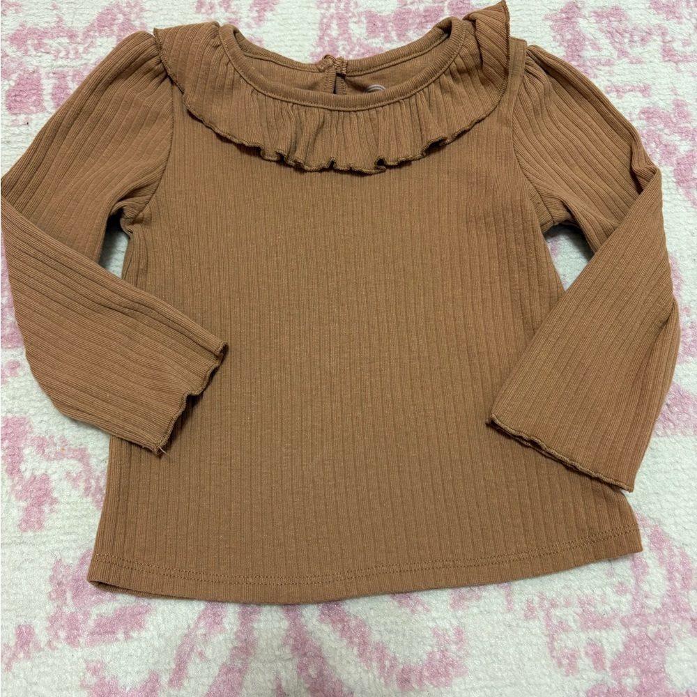 Wonder Nation Light Brown Ribbed Long Sleeve Top with Ruffled Collar 2T Girl